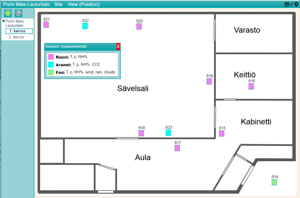 DataSites-webUI näkymä Porin Mies-laulun talon pohjakuvasta